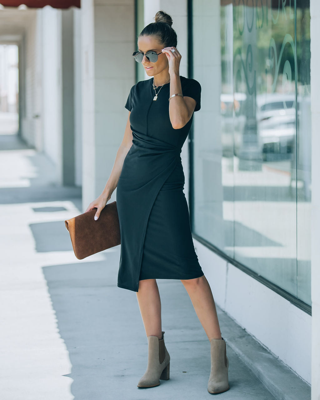 Rachel Side Ruched Midi Dress - Black - FINAL SALE