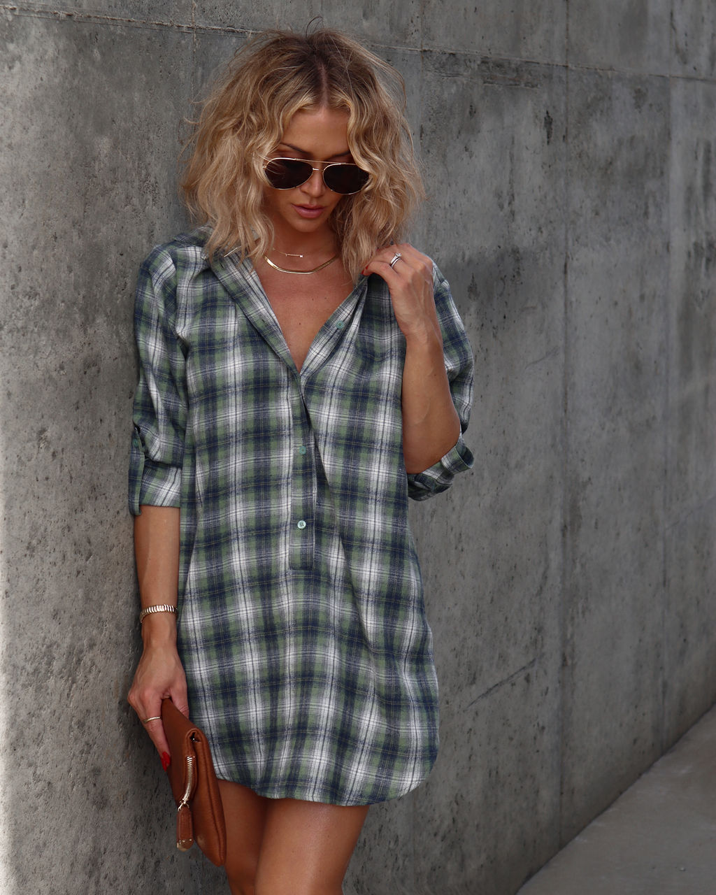 Averie Plaid Pocketed Shirt Dress - Green