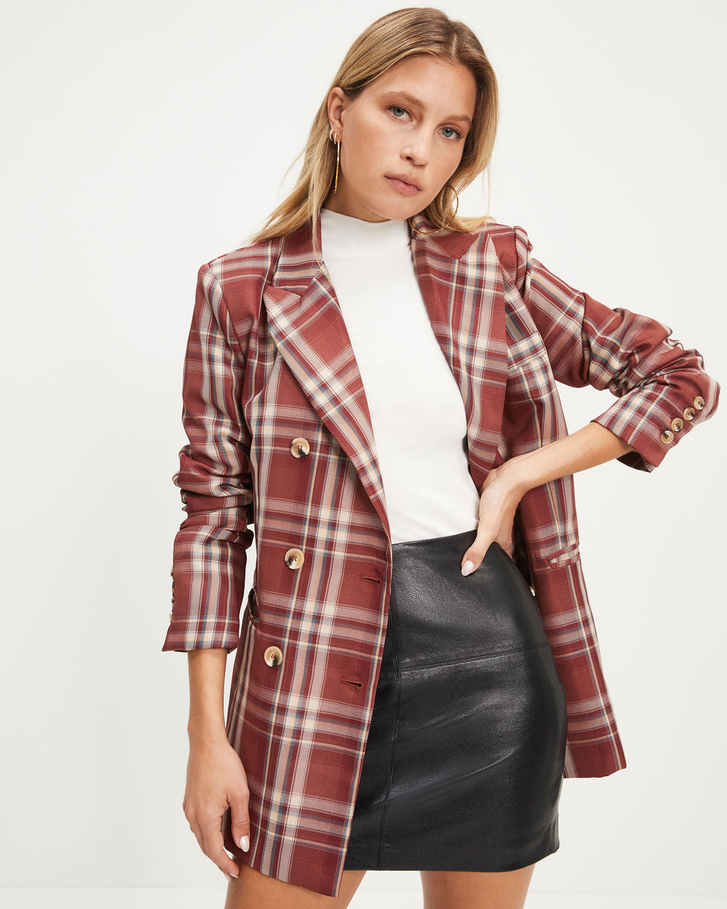 Nadia Pocketed Plaid Blazer - Burgundy