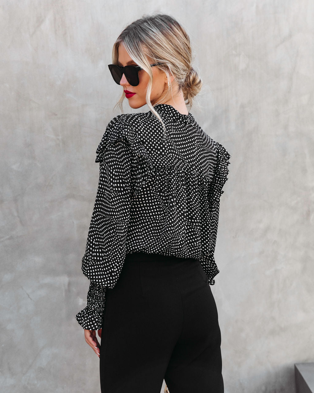 Roseanne Polka Dot Tie Neck Ruffle Top