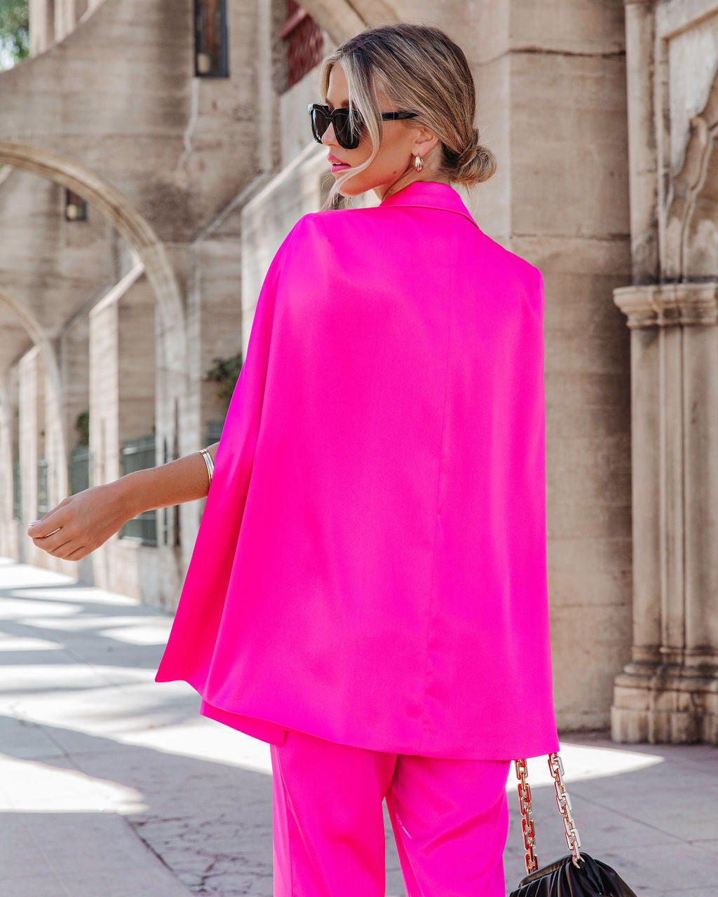 Statement Maker Satin Cape Pocketed Blazer - Hot Pink
