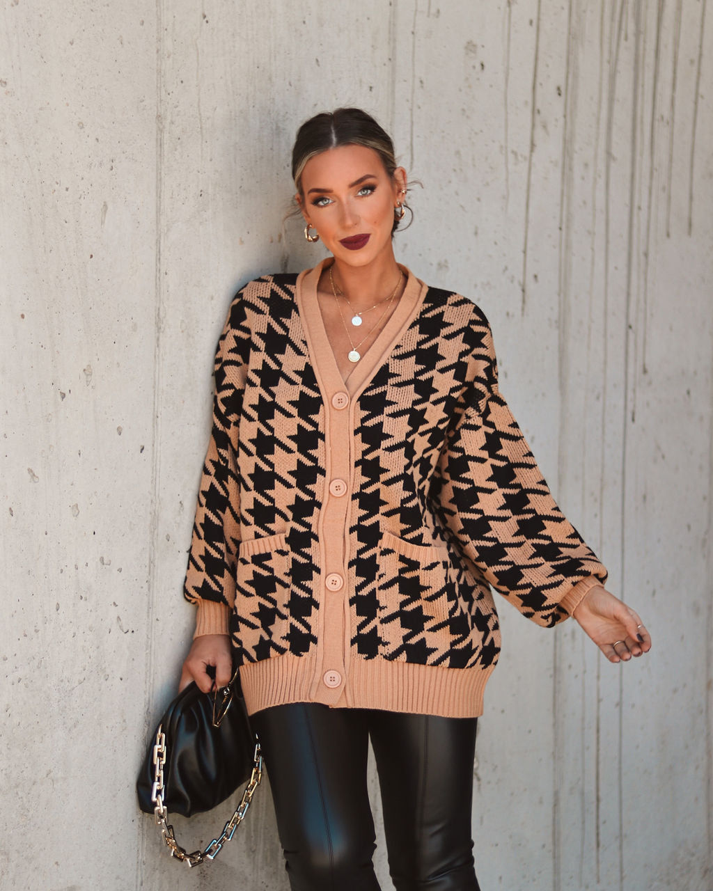 Parisian City Dreams Pocketed Houndstooth Cardigan