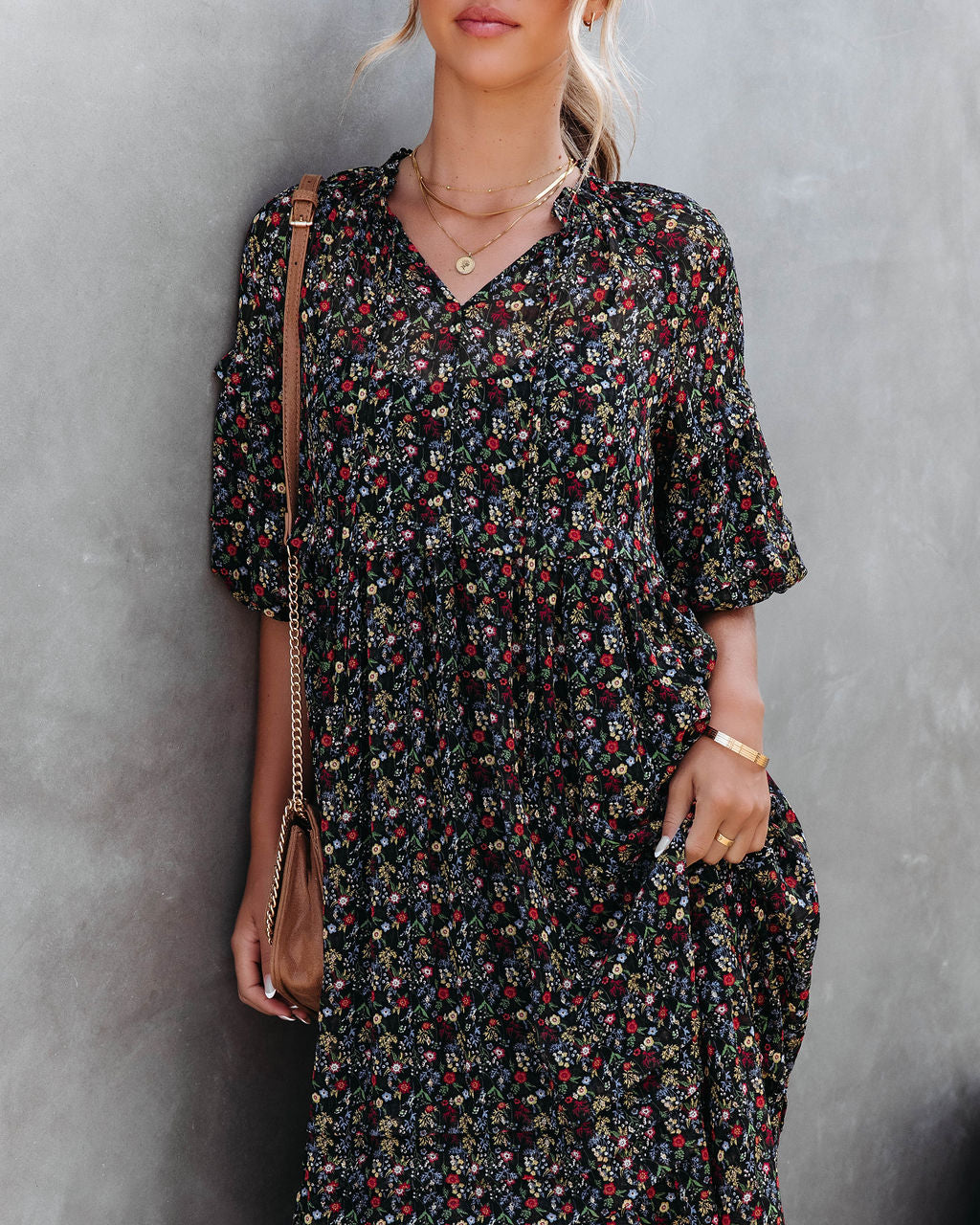 Sweetie Dear Floral Puff Sleeve Midi Dress