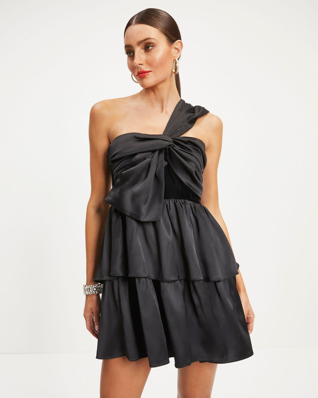 Such A Joy Satin Velvet One Shoulder Tiered Mini Dress - Black