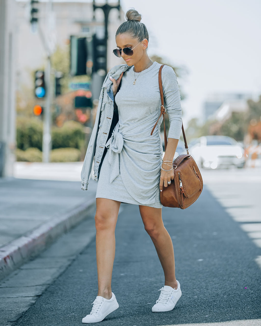 Ayda Drape Front Tie Mini Dress - Heather Grey - FINAL SALE