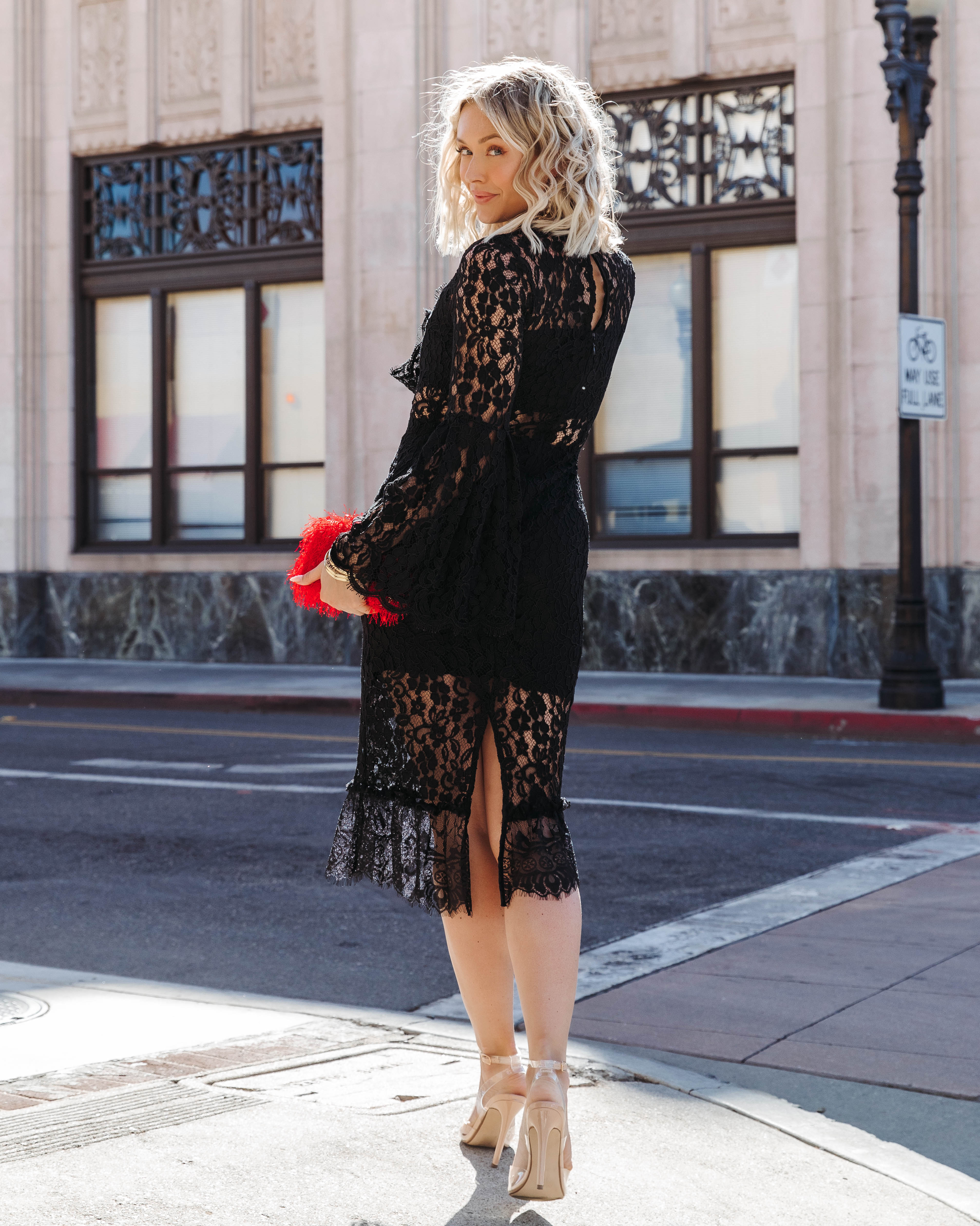 Imelda Crochet Lace Bell Sleeve Midi Dress - Black