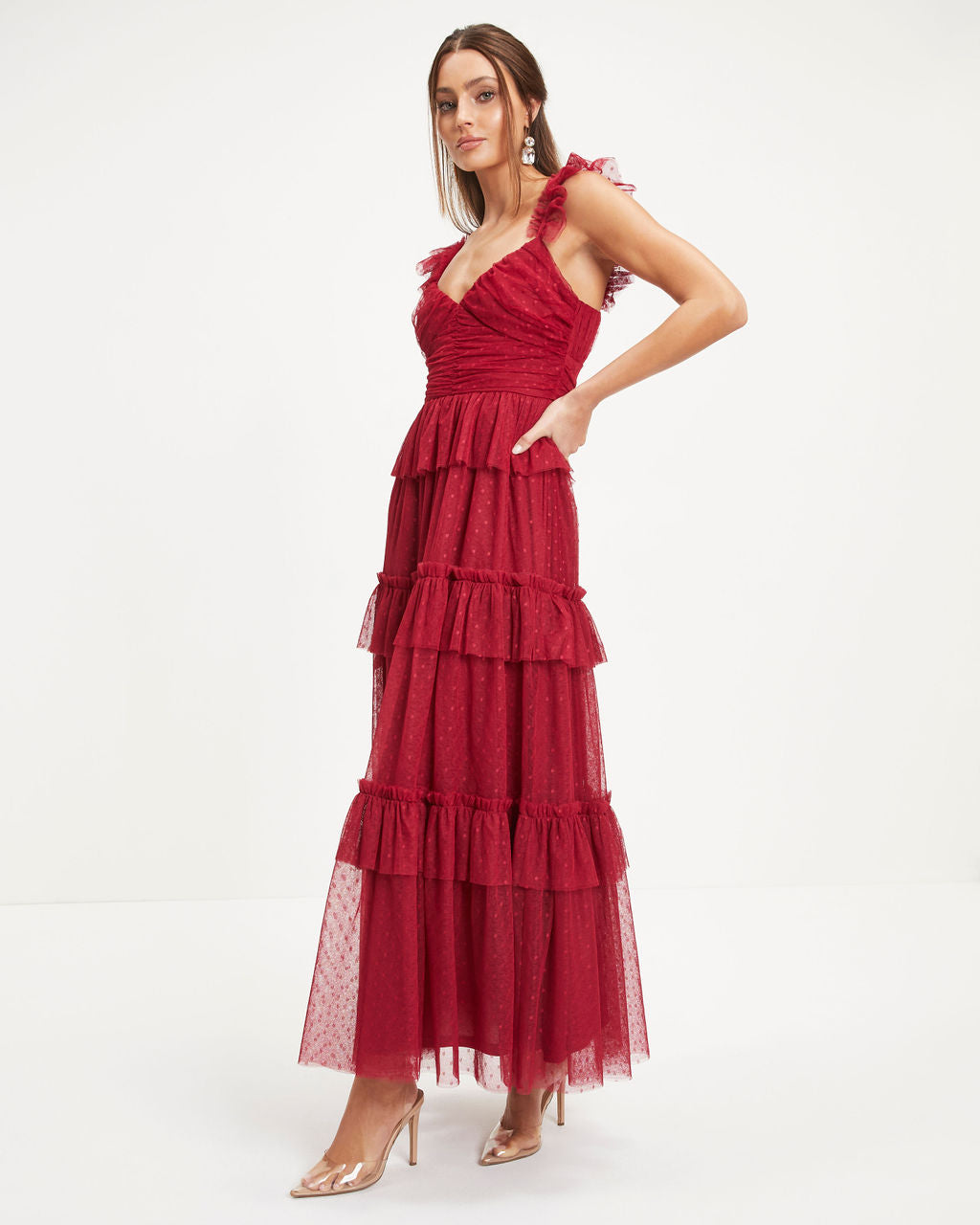 Love Is All We Need Tiered Tulle Maxi Dress - Red