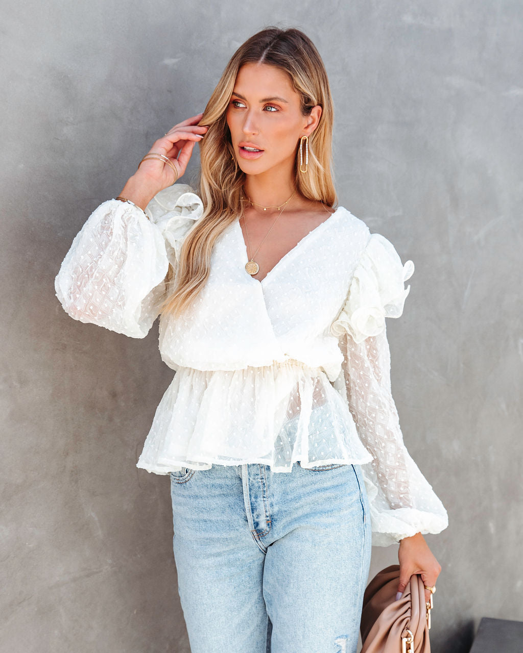 Victoria Anne Ruffle Peplum Top - Cream - FINAL SALE