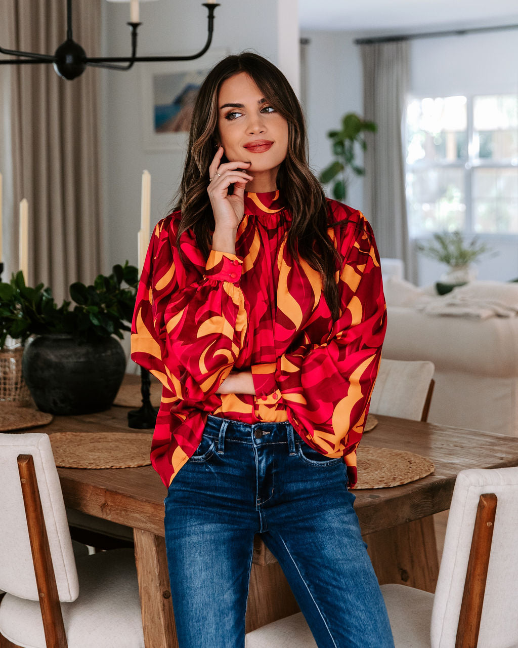 Taking It Back Printed Balloon Sleeve Top