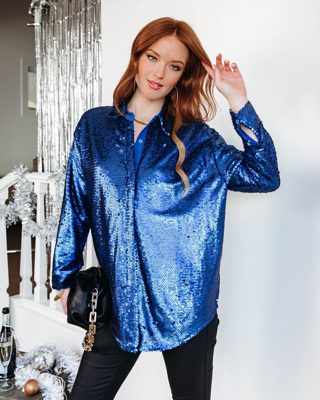 Dream Girl Sequin Button Down Top - Cobalt