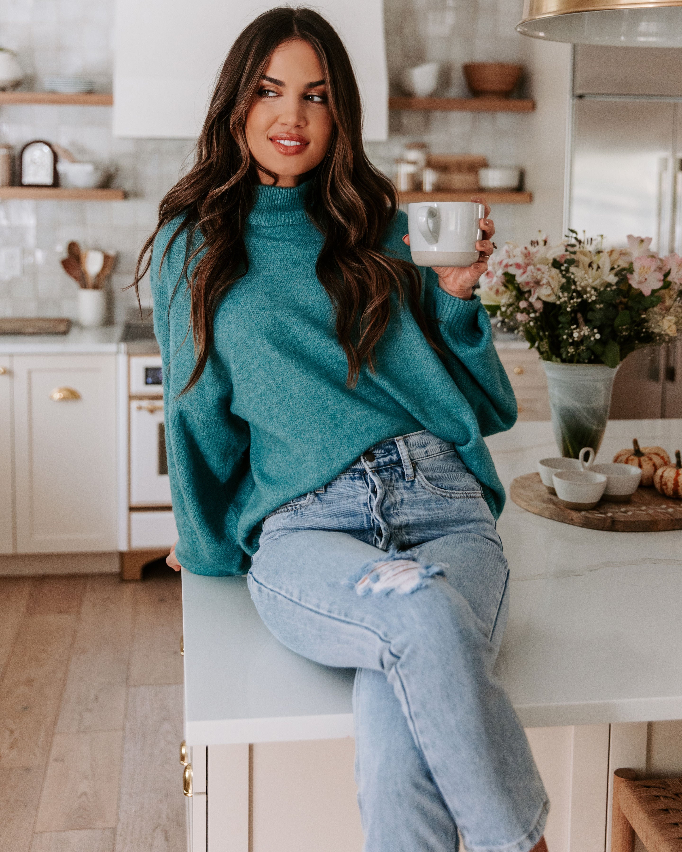 Annika Knit Mock Neck Pullover Sweater - Teal