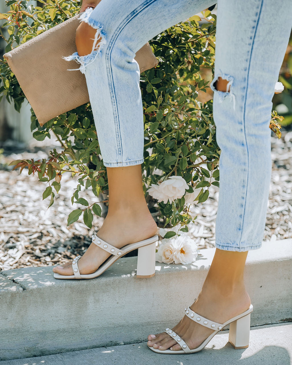 Aimee Studded Block Heeled Sandal - Beige - FINAL SALE