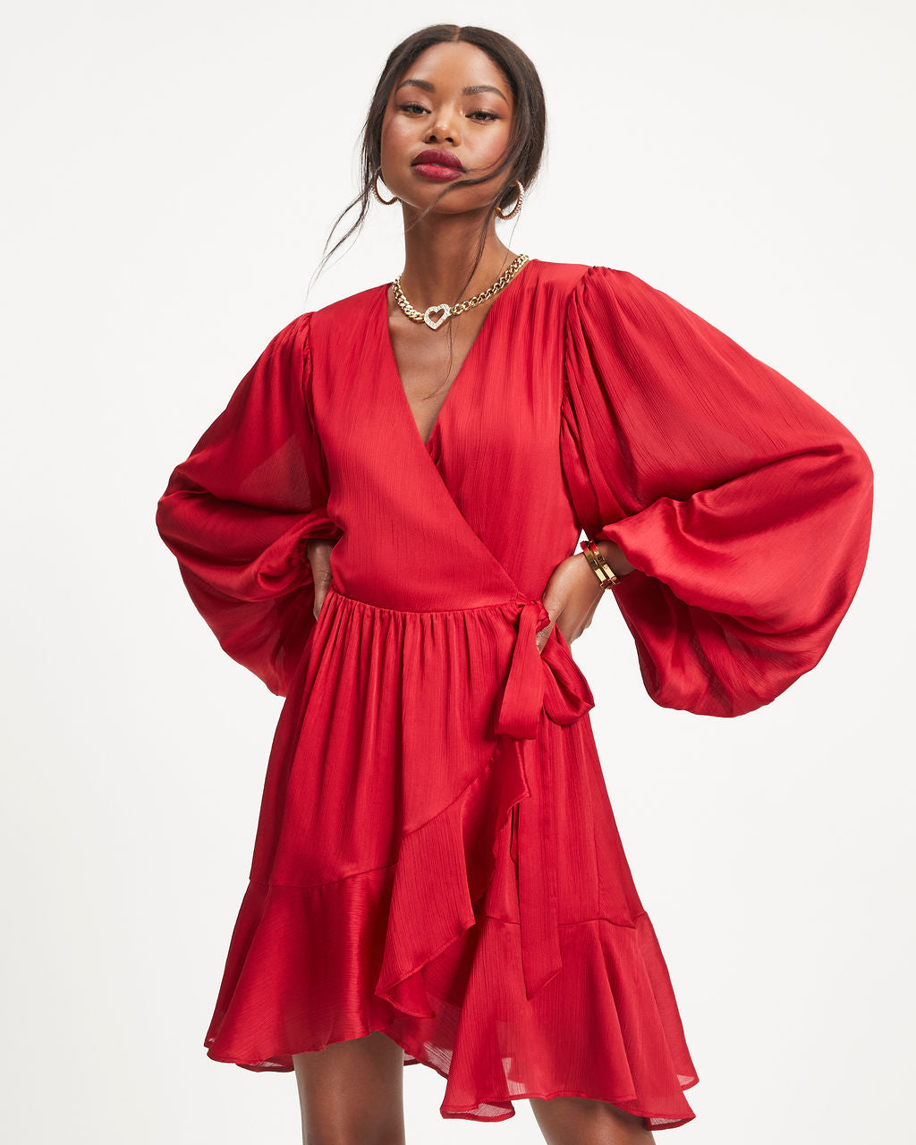 Whitney Satin Wrap Ruffle Mini Dress - Red