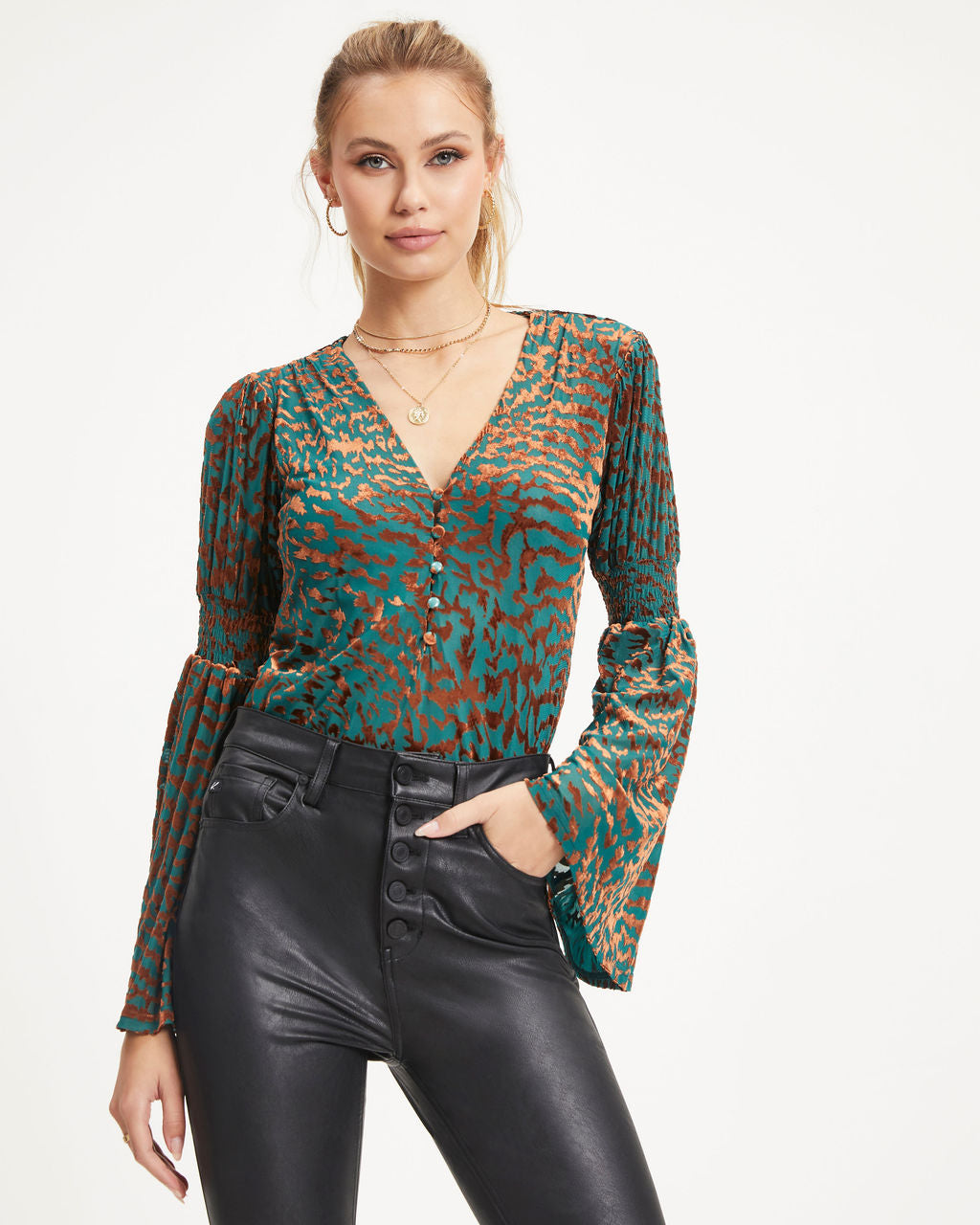 Annalisa Velvet Burnout Bell Sleeve Top - Green