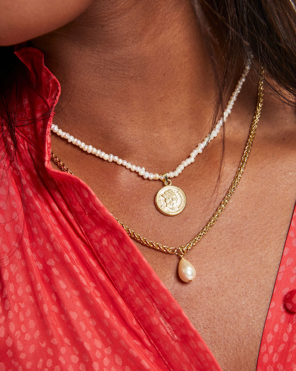 Shashi - Brittany Pearl Coin Layered Necklace - Gold