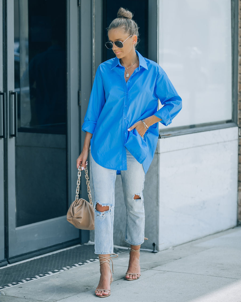 Leslie Button Up Cotton Top - Blue - FINAL SALE