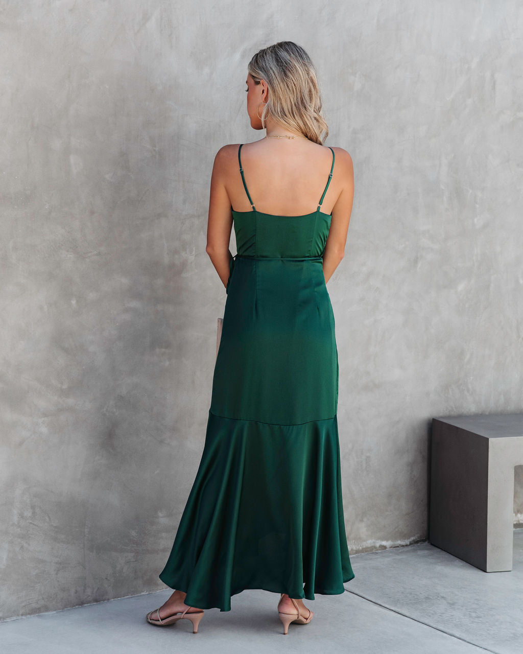 Undeniable Love Satin Ruffle Maxi Dress - Dark Emerald