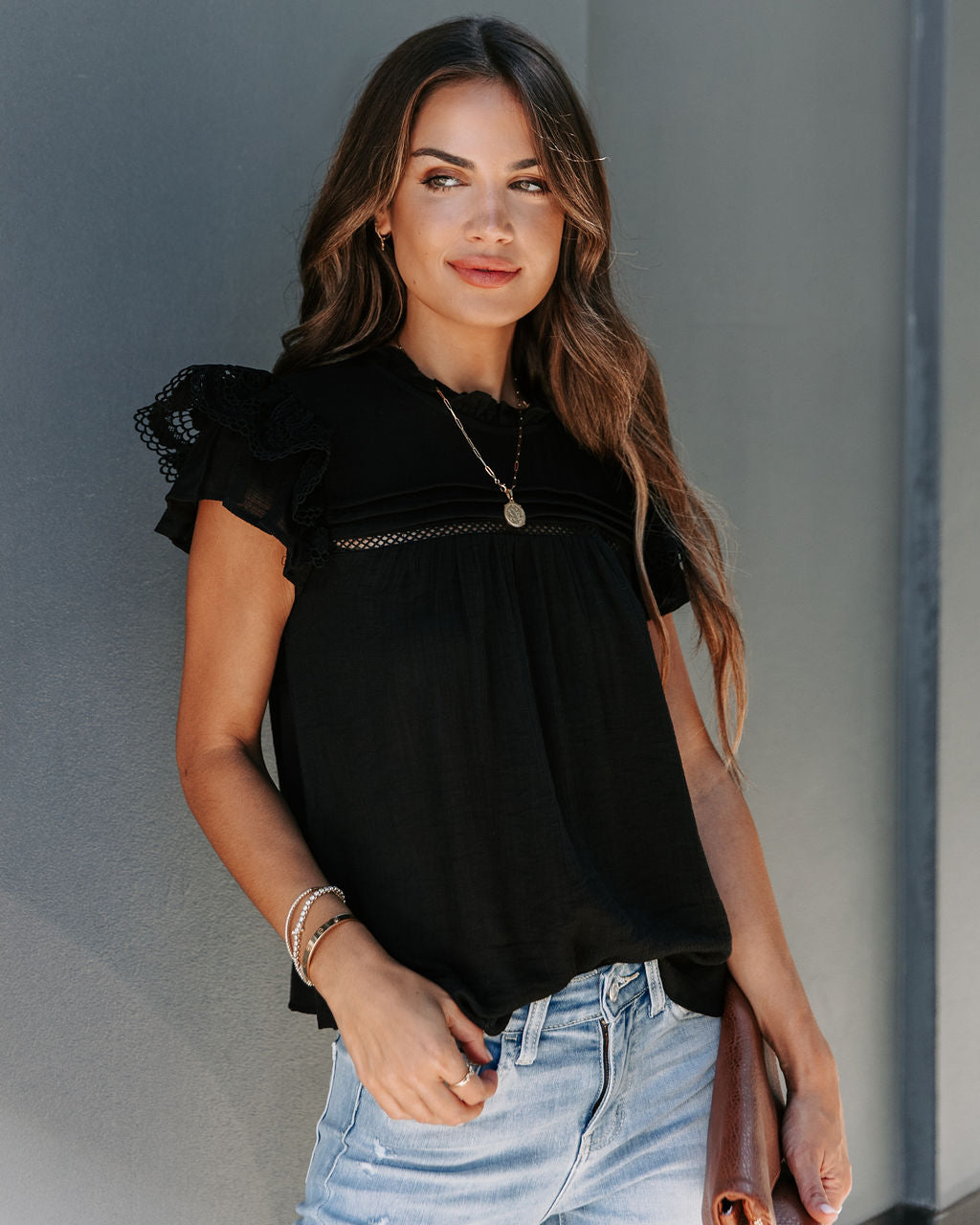Meadow Crochet Ruffle Sleeve Top - Black