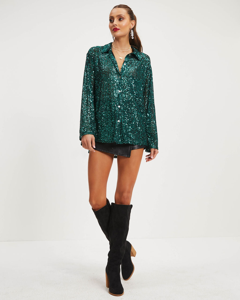 Be A Star Sequins Button Down Top - Emerald