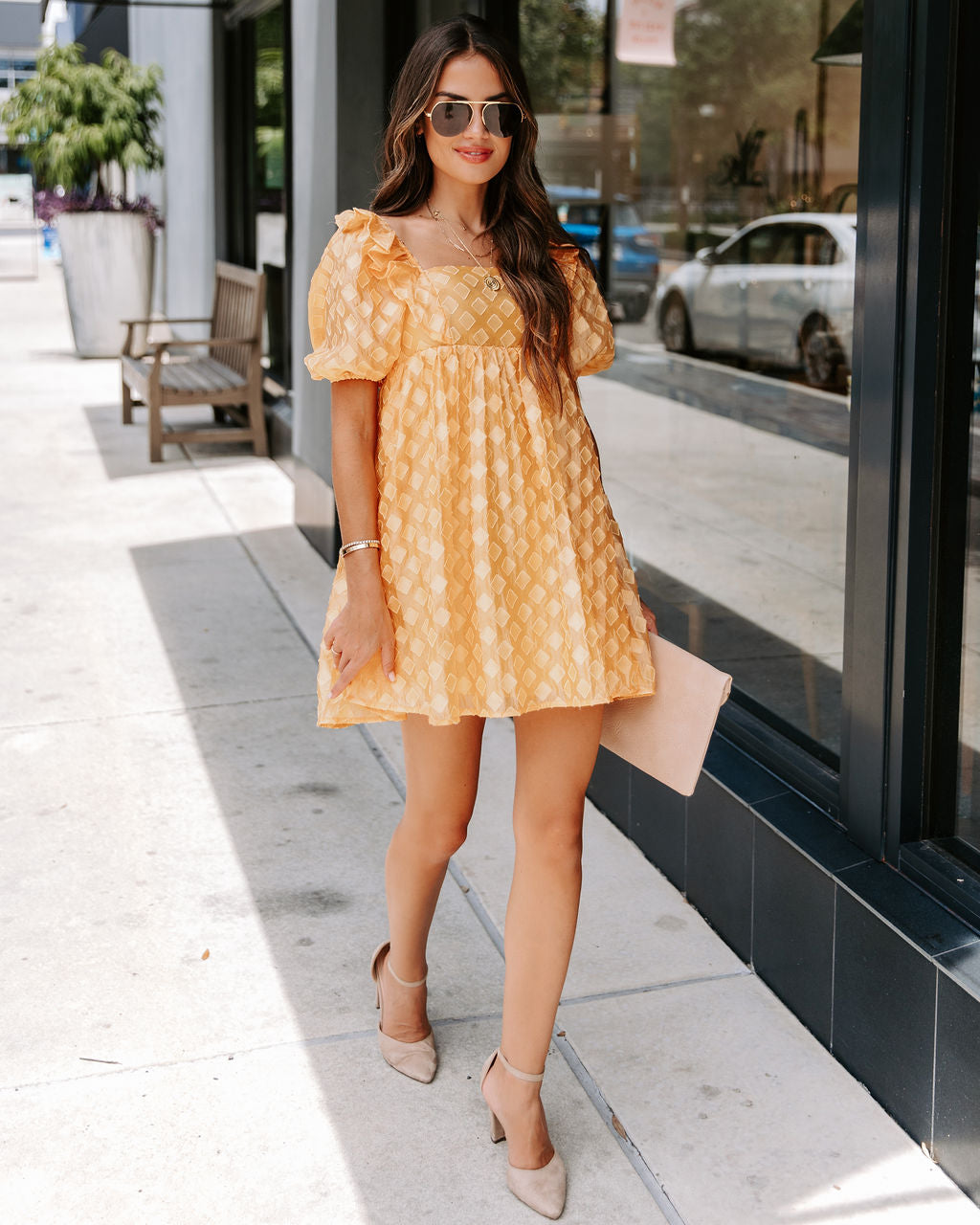 Unforgettable Sunrise Textured Babydoll Dress - Yellow - FINAL SALE