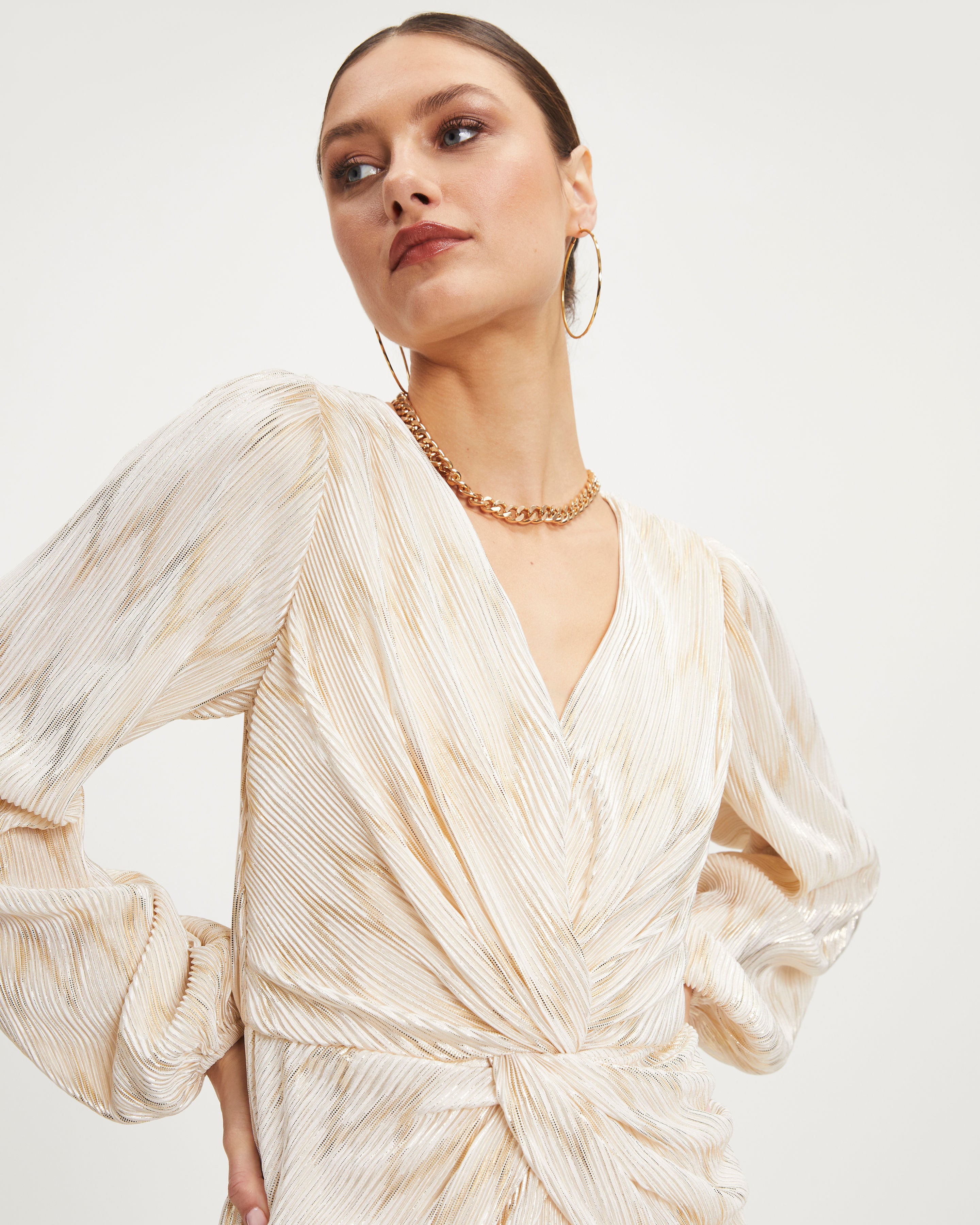 Giuliana Twisted Front Plisse Metallic Mini Dress - Ivory