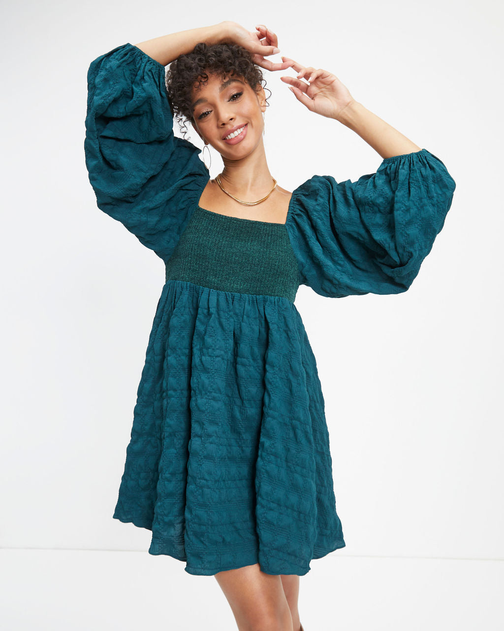 Lost In A Maze Textured Knit Babydoll Dress - Pine