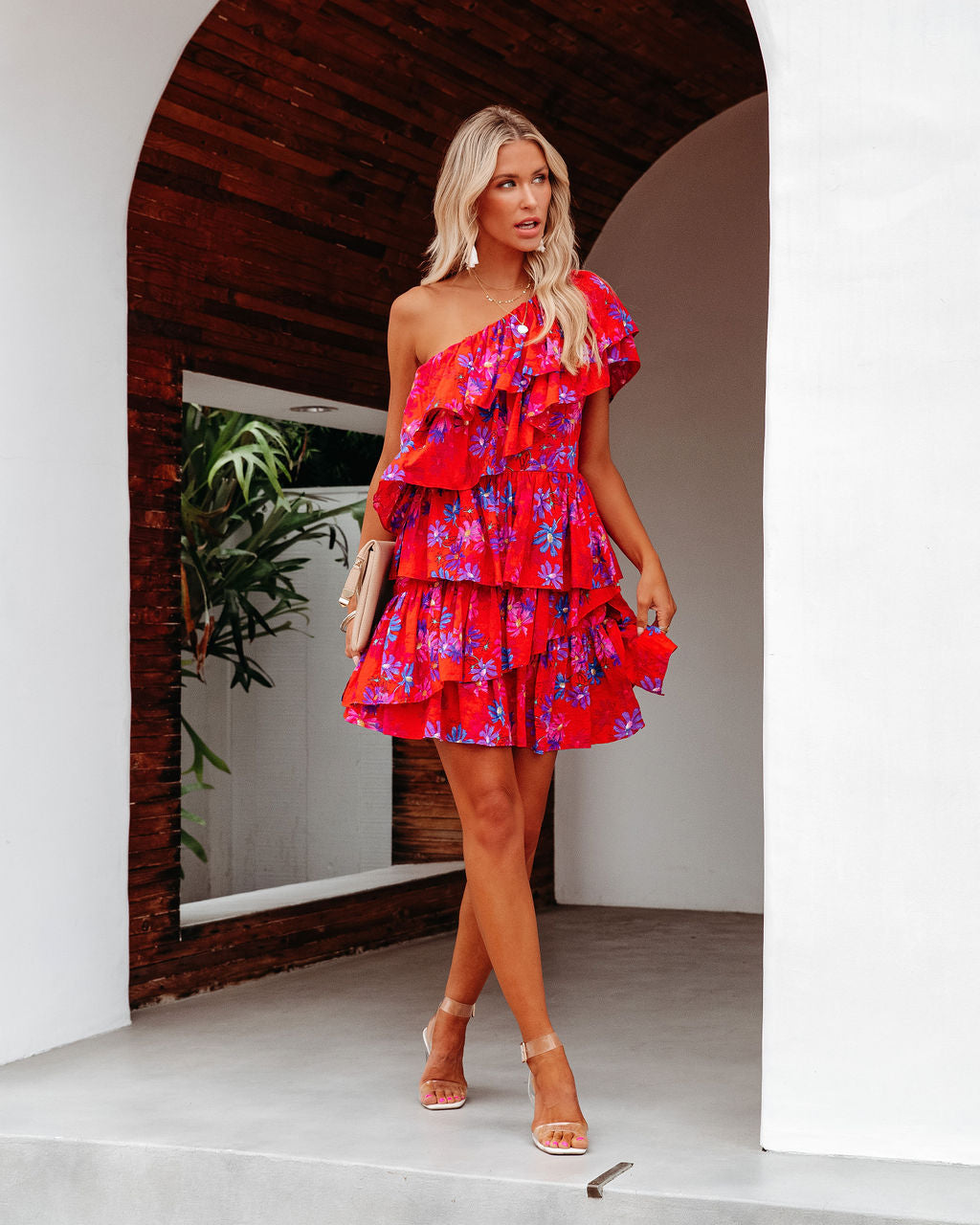 Vallis One Shoulder Floral Cotton Blend Tiered Mini Dress - FINAL SALE