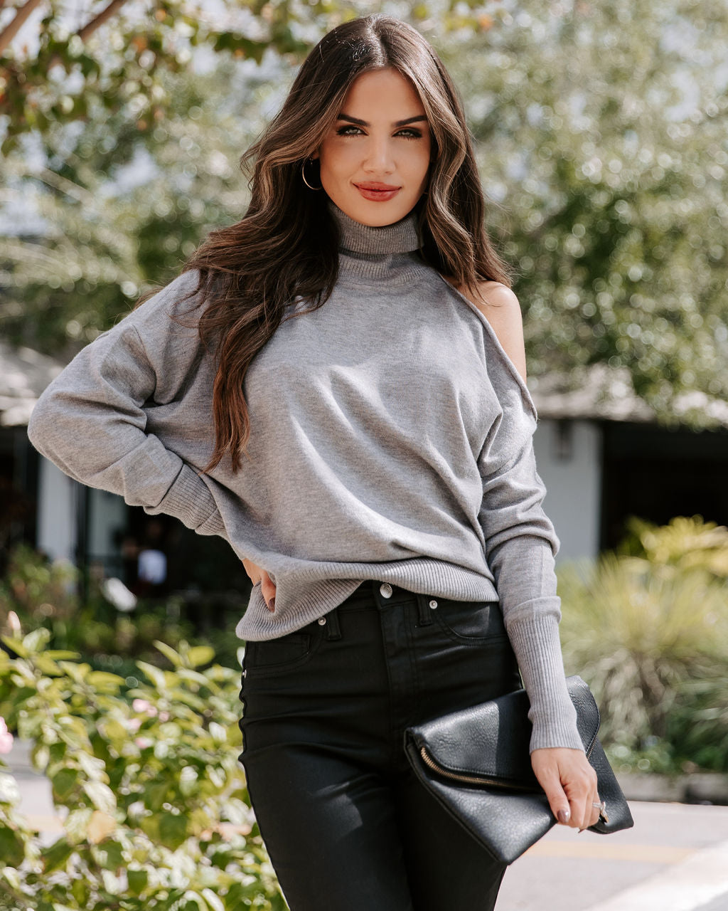 Take It Slow Knit Turtleneck Cold Shoulder Pullover Sweater - Grey