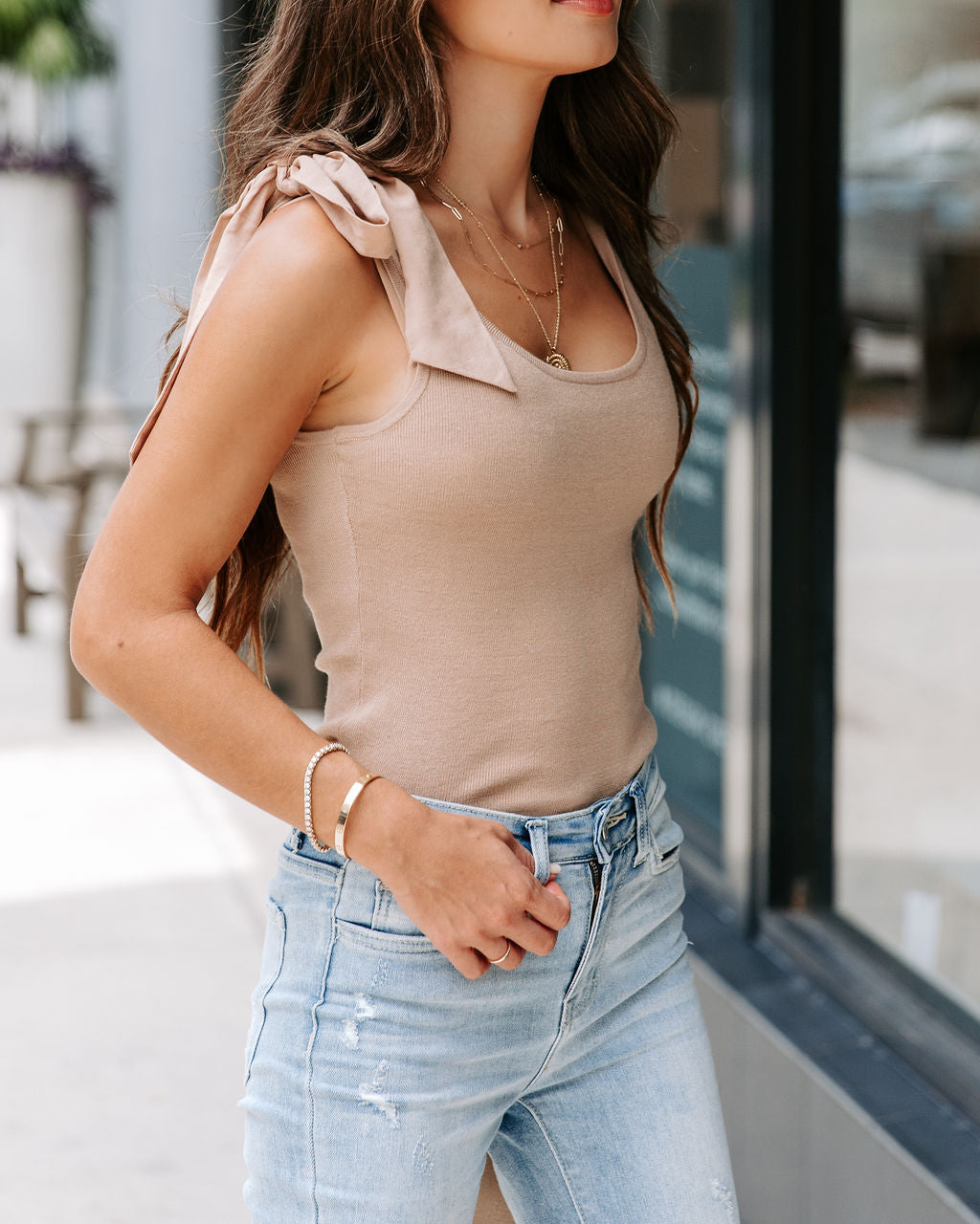 Grace Knit Shoulder Tie Top - Mocha - SALE