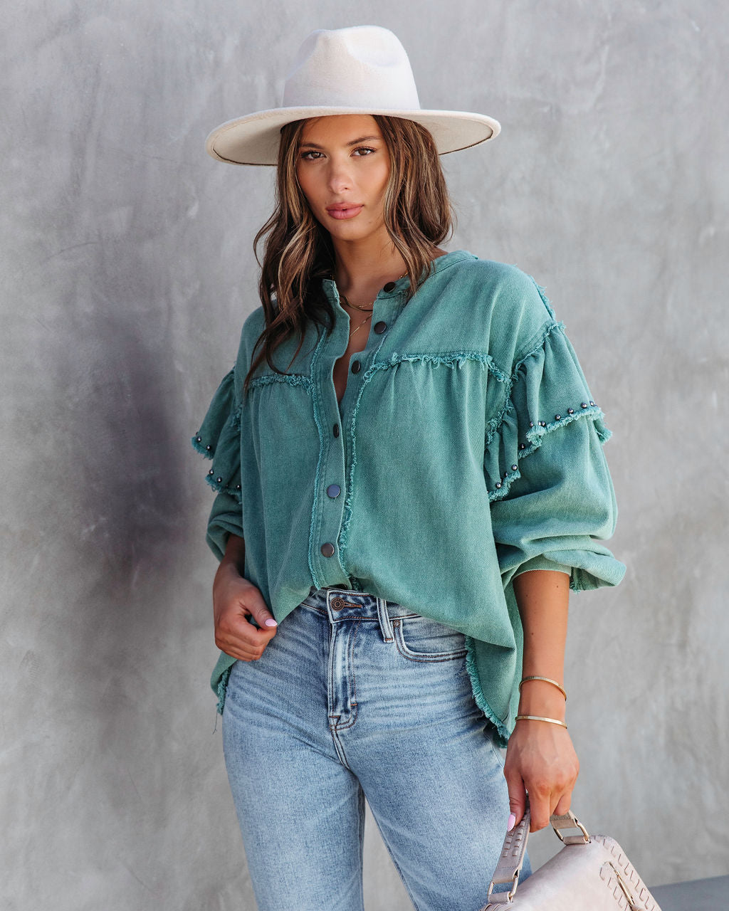 Darcey Denim Studded Frayed Lightweight Jacket - Jade Green - SALE