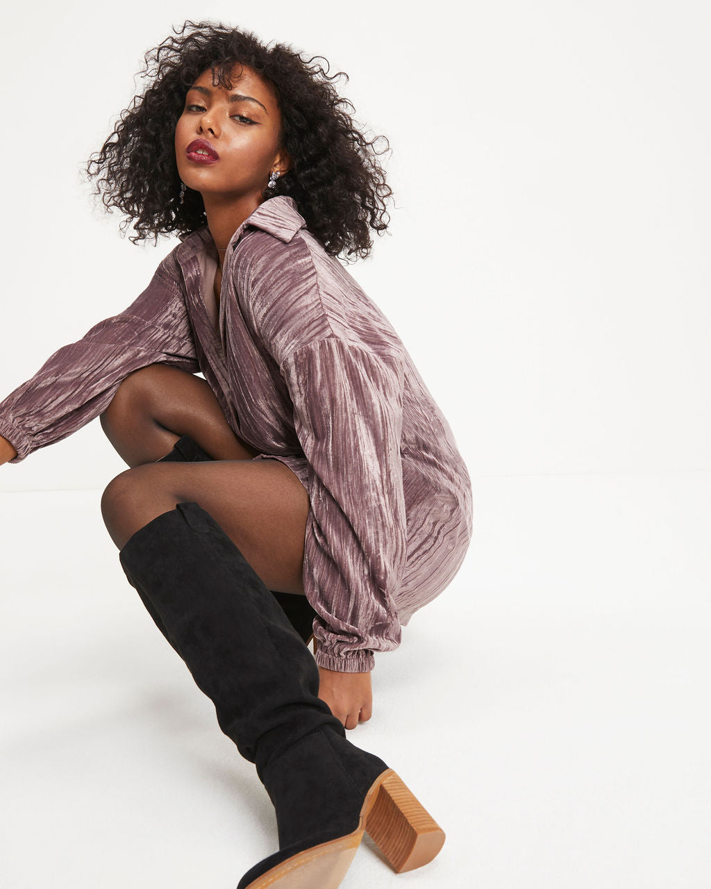 Avalina Textured Velvet Button Down Shirt Dress - Dusty Mauve