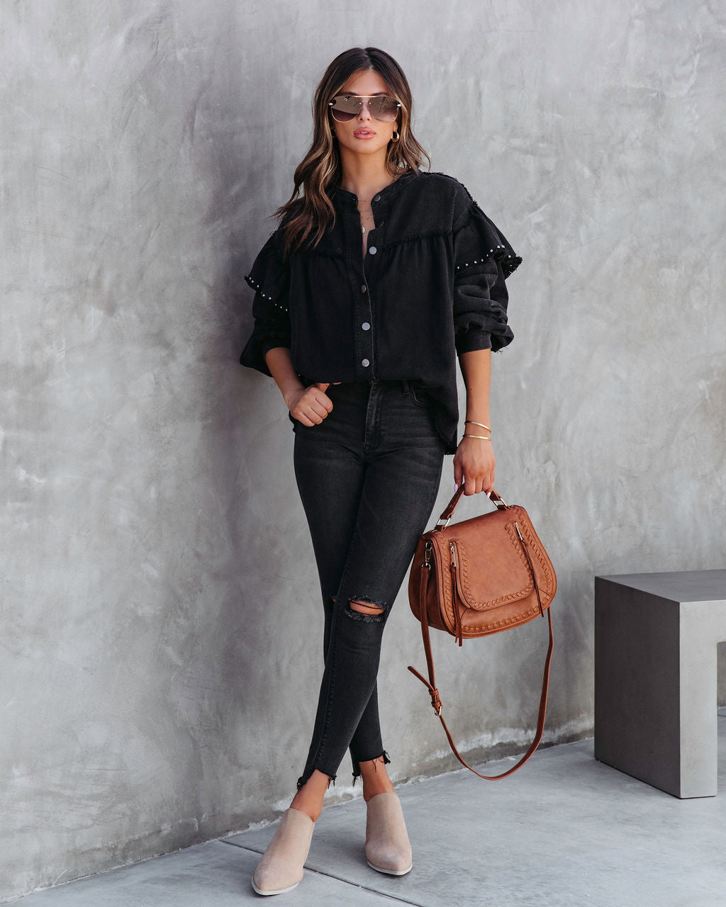 Darcey Denim Studded Frayed Lightweight Jacket - Black - SALE