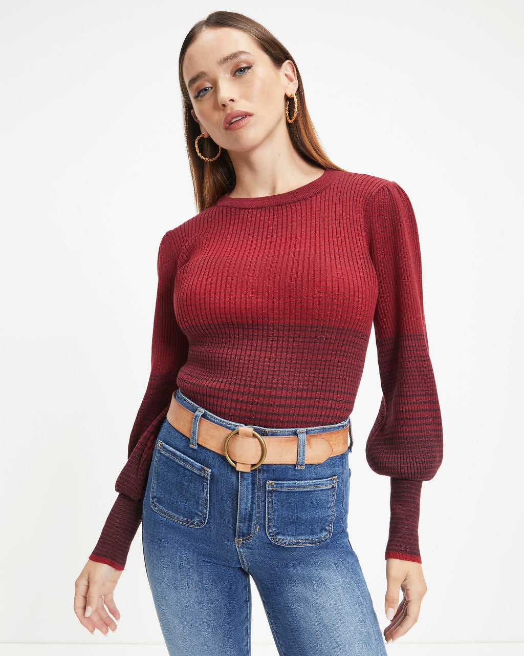 Fall Sunsets Ribbed Balloon Sleeve Pullover Sweater - Wine - FINAL SALE