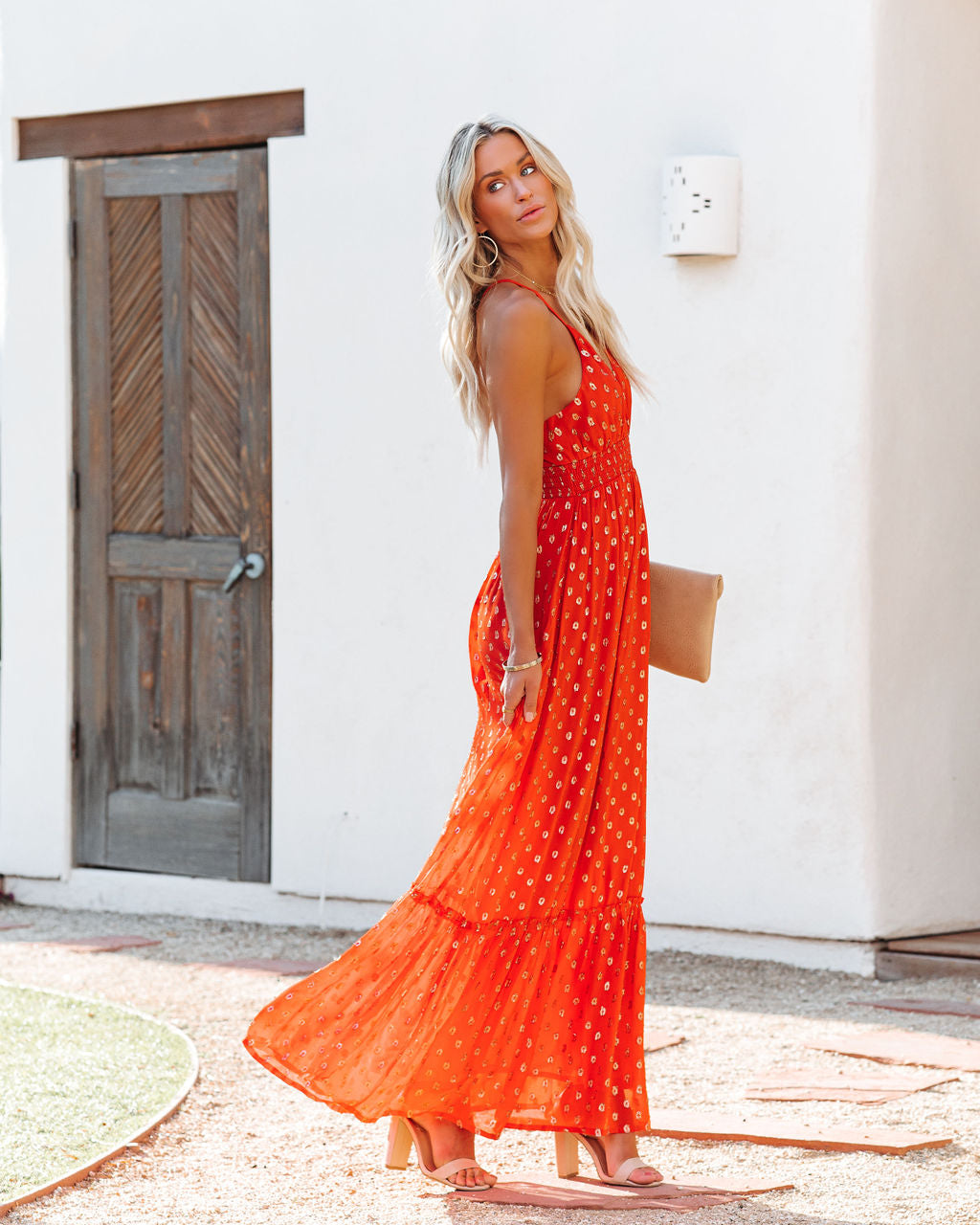 Evalyn Metallic Detailed Smocked Maxi Dress - Rust - FINAL SALE