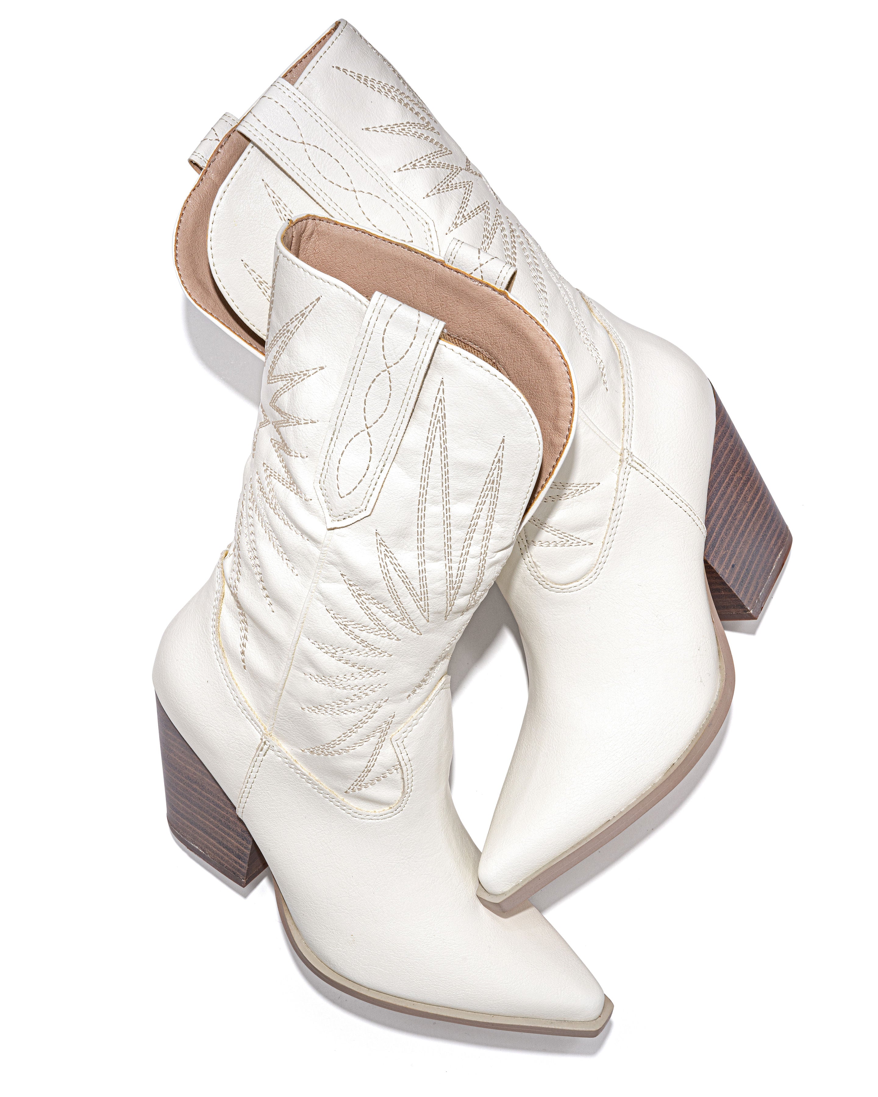 Liya Embroidered Heeled Western Boot - White