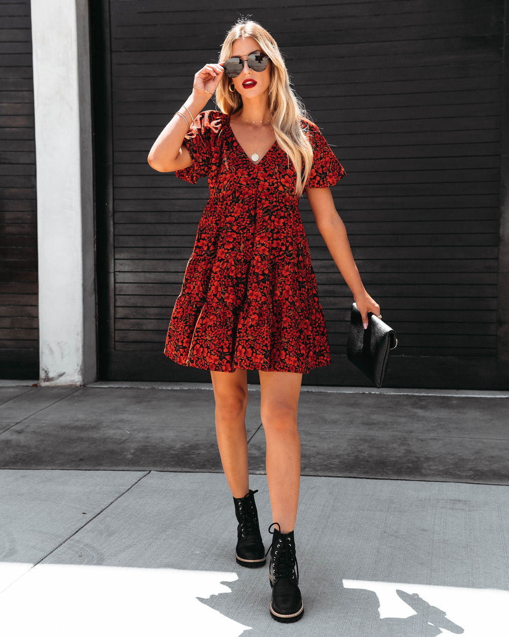 Picking Flowers Tiered Puff Sleeve Babydoll Dress - Black