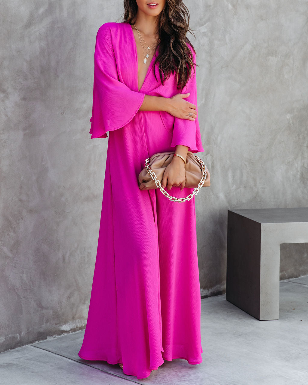 Beauty Meets Elegance Cape Sleeve Maxi Dress - Hot Pink