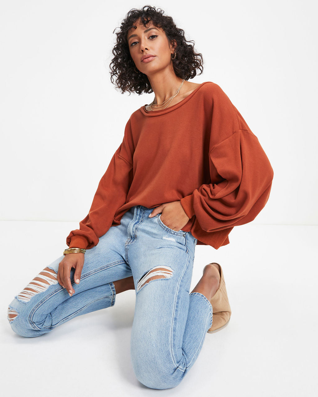 Jerome Knit Dolman Long Sleeve Top - Rust