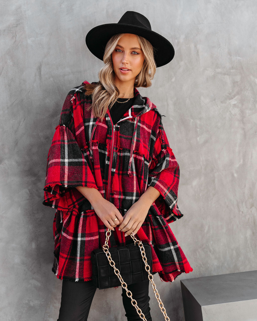 Pleasant Surprise Plaid Hooded Jacket - Red