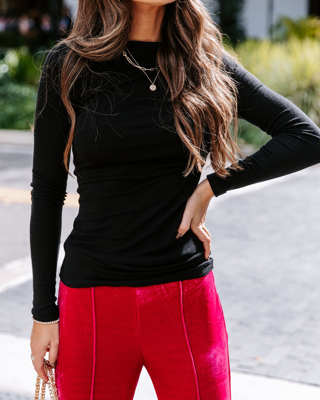 Nelly Side Drape Long Sleeve Top - Black