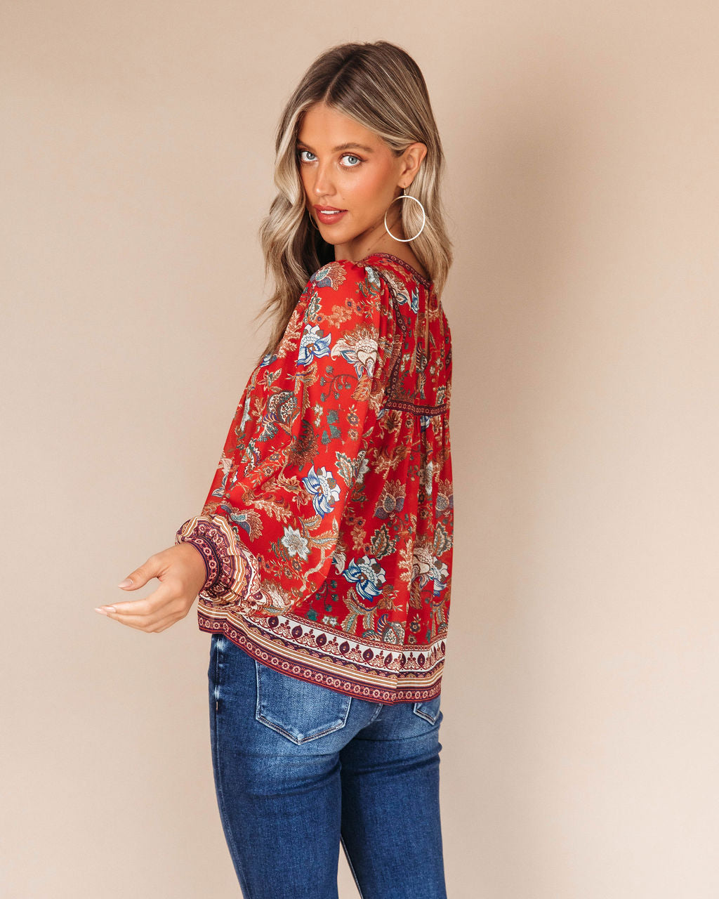 Aliana Foral Long Sleeve Top - Red