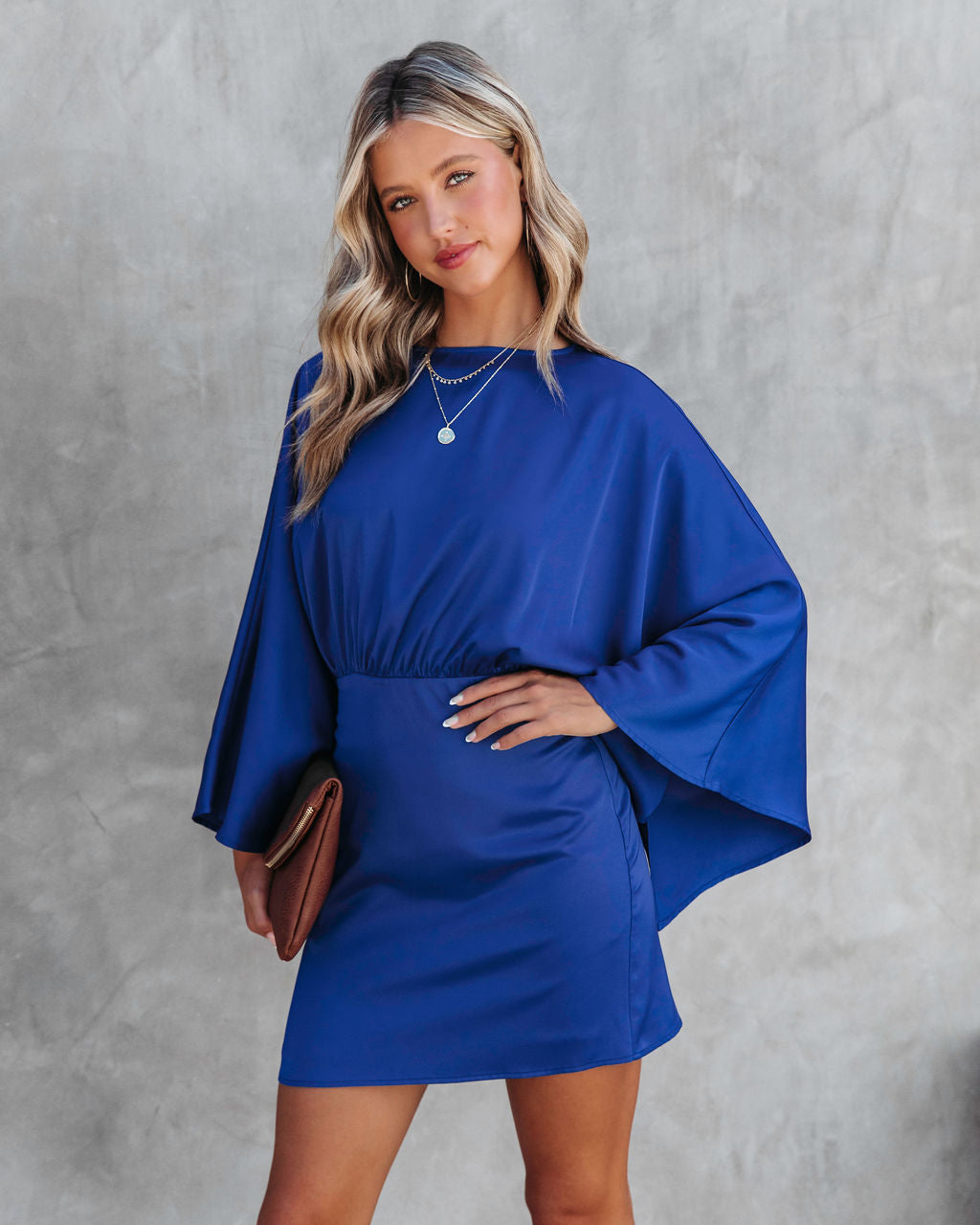 Ever Mine Satin Wide Sleeve Mini Dress - Blue
