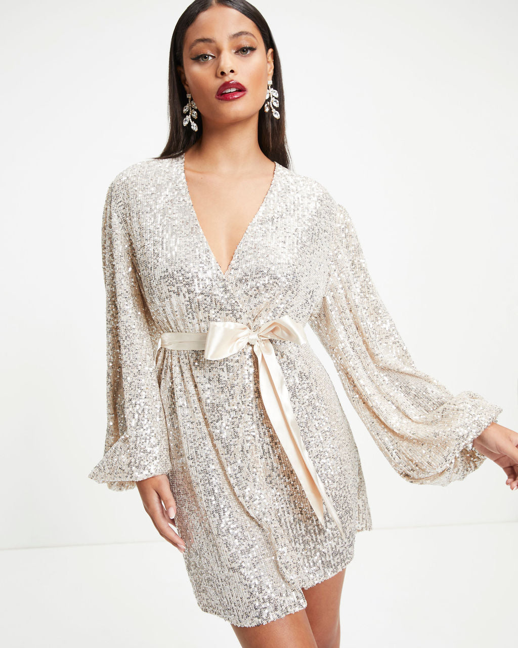 Leave A Little Sparkle Wrap Mini Dress - Champagne