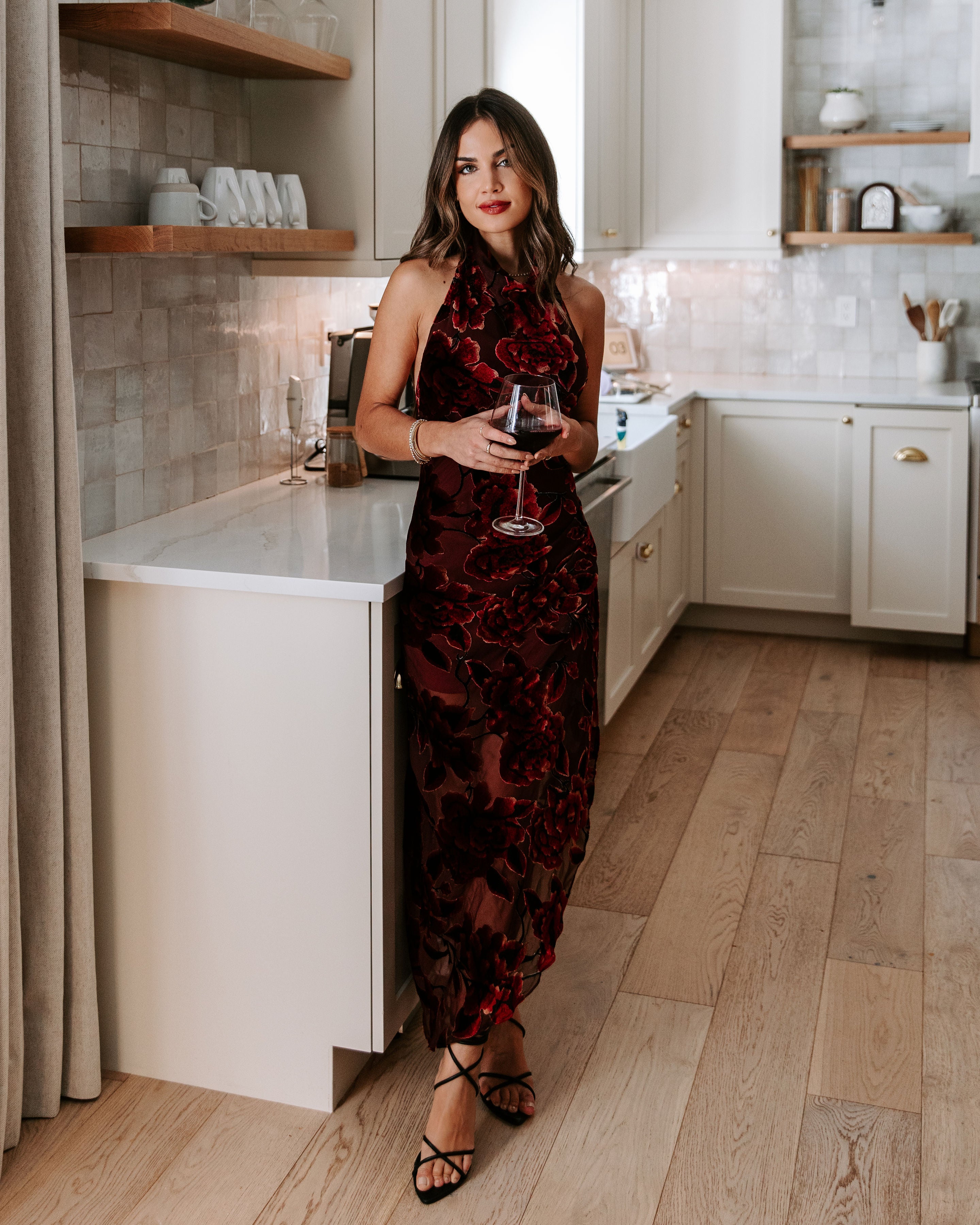 Like Fine Wine Asymmetrical Halter Burnout Velvet Midi Dress - Burgundy