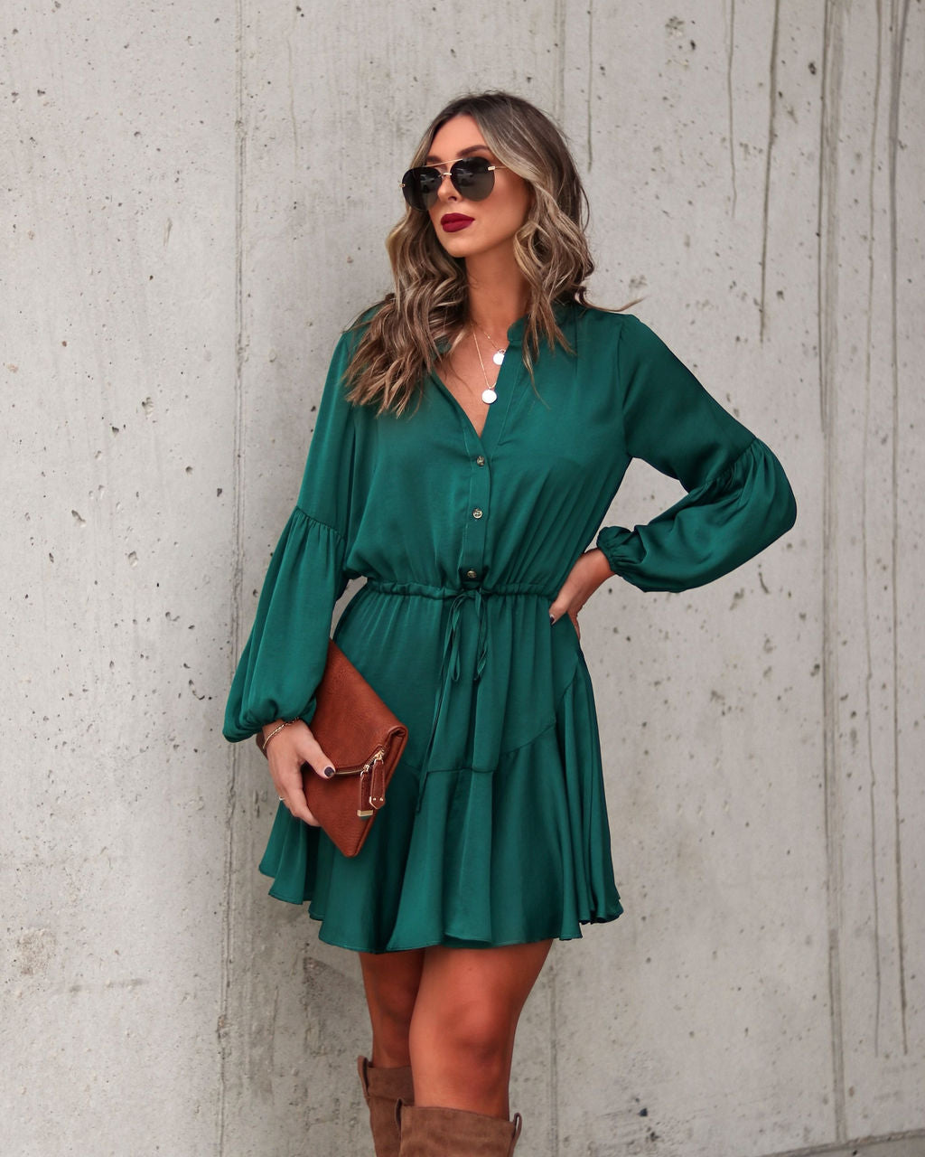 Ruthie Satin Mini Dress - Hunter Green