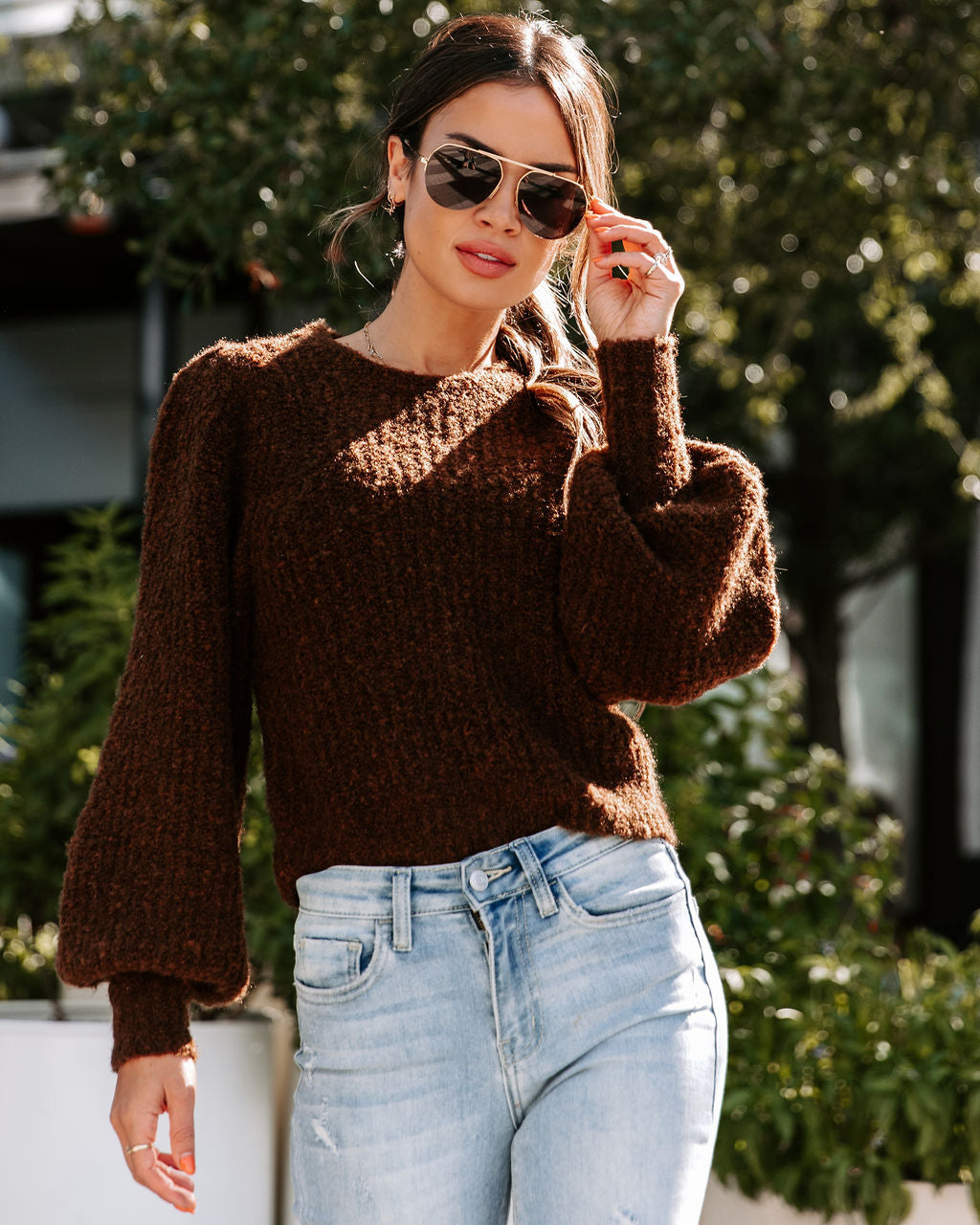Tana Balloon Sleeve Knit Sweater - Chocolate