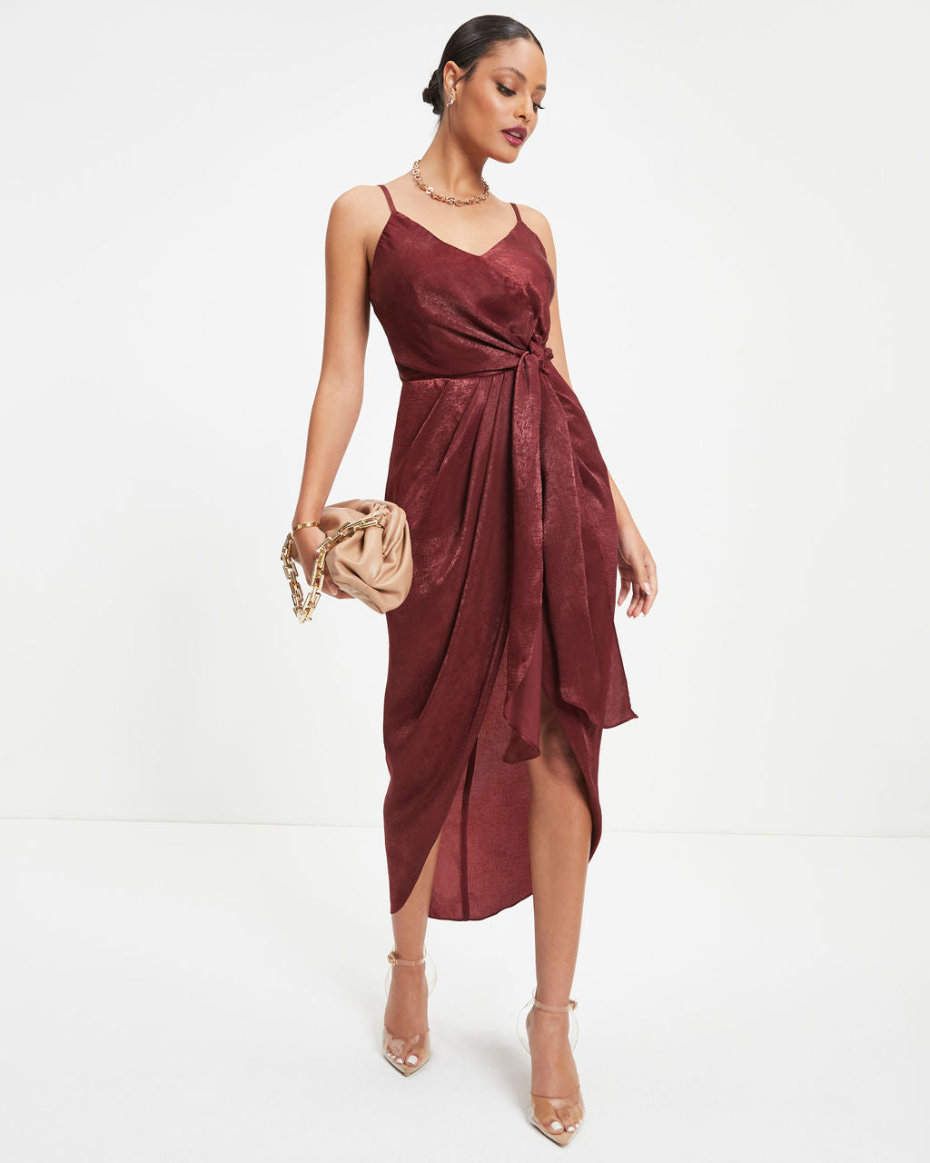 Token Of Gratitude Satin Midi Tie Dress - Wine