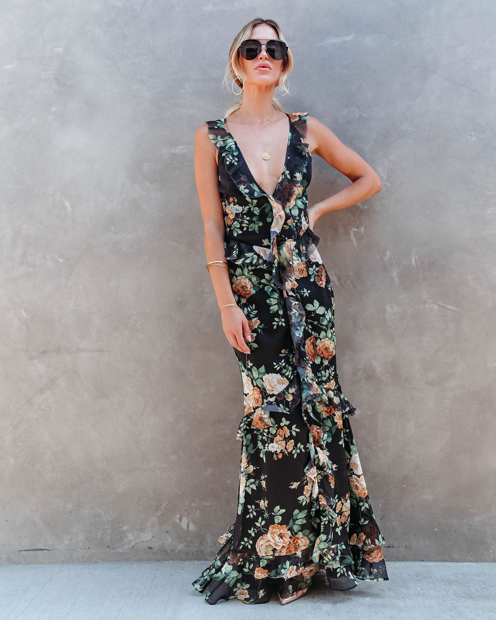 Beautiful Mistake Floral Ruffle Maxi Dress