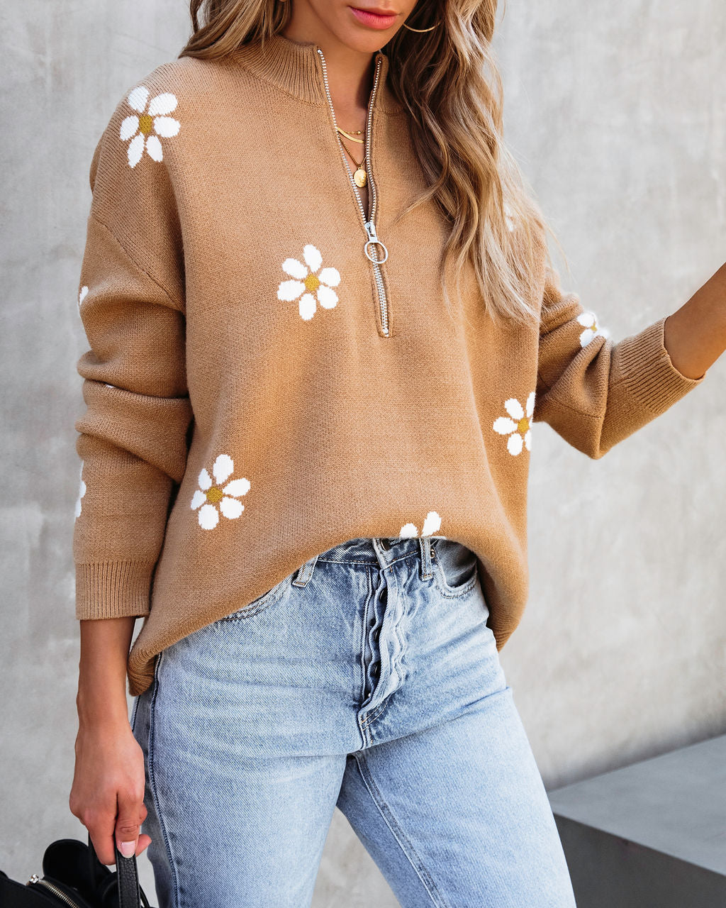 Prettiest Daisy Half Zip Pullover Sweater - Tan