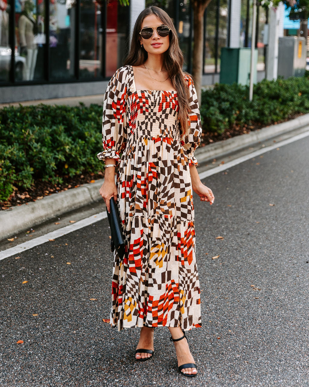 Faye Printed Pocketed Smocked Midi Dress